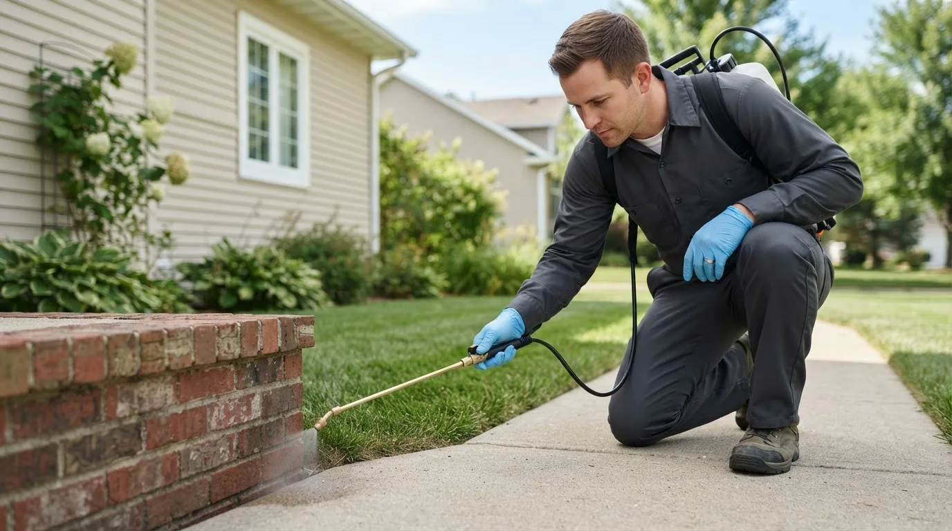 Pest control technician treating a home near Deep River, CT